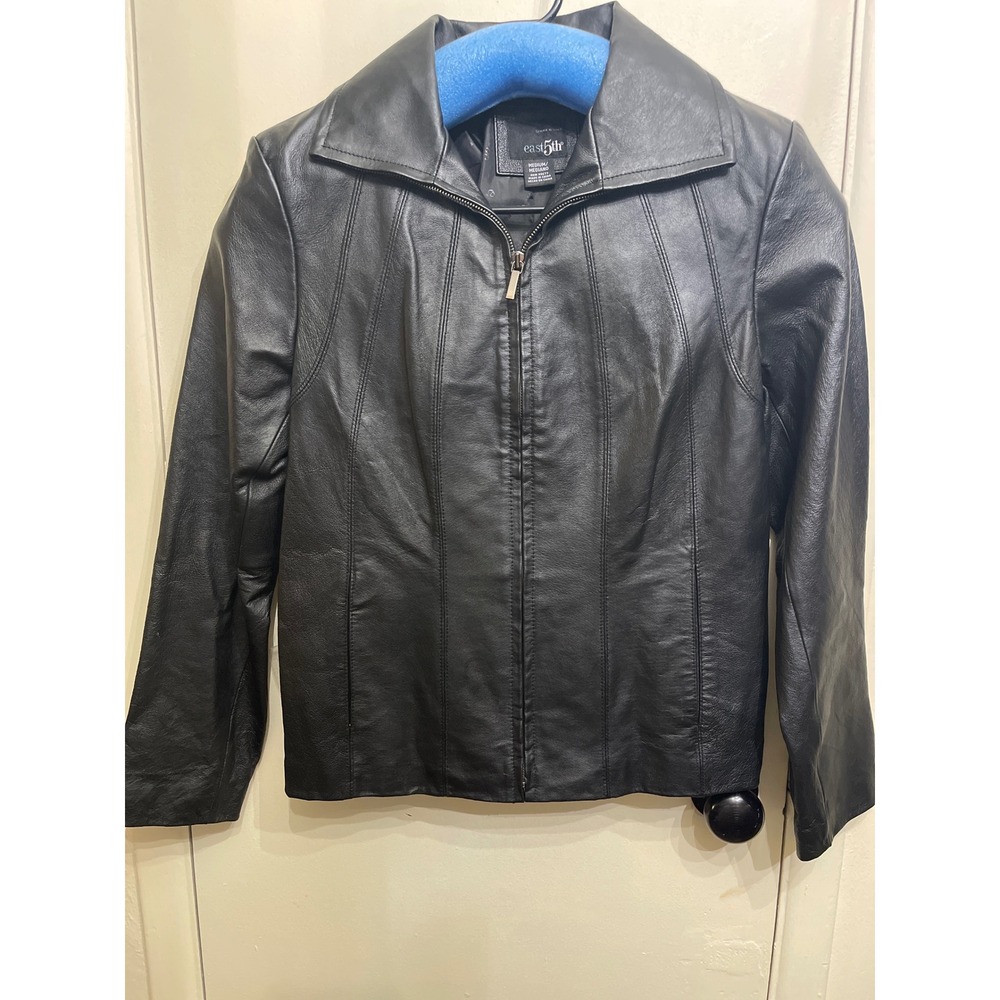 East 5th Black Genuine Leather Jacket Women M Y2K Fitted Zip Front Moto